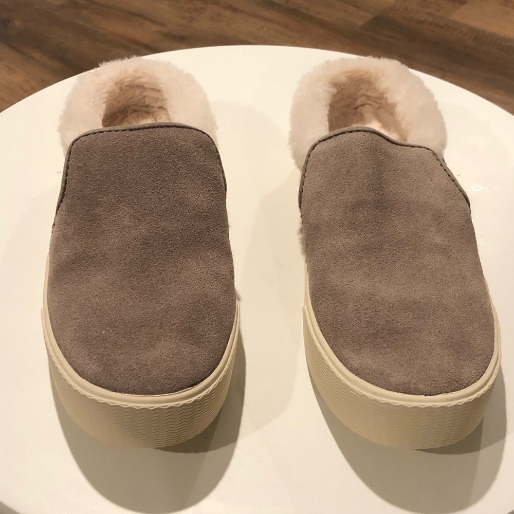 Toms Taupe Suede and Faux Fur Sunrise Slip-Ons